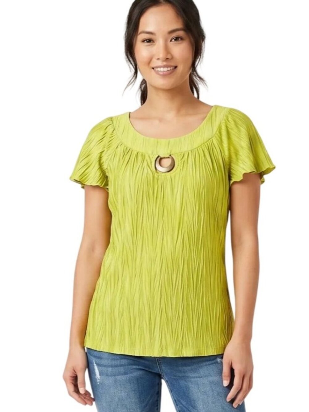 AGB Women's Crinkled Short Flutter Sleeve Yellow Green Blouse Size Small